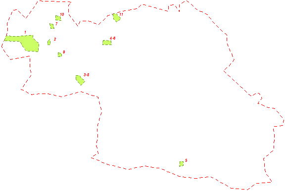 Схема розташування заповідних ділянок в межах зони відчуження (зелений колір)