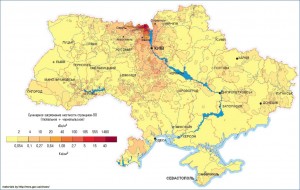 Карта  загрязнения стронцием Украины в 1986 году