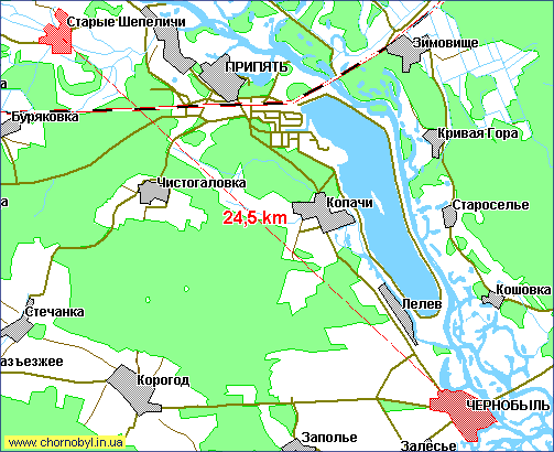 Топо карта Чернобыльской зоны отчуждения и выселенных населенных пунктов Старые Шепеличи