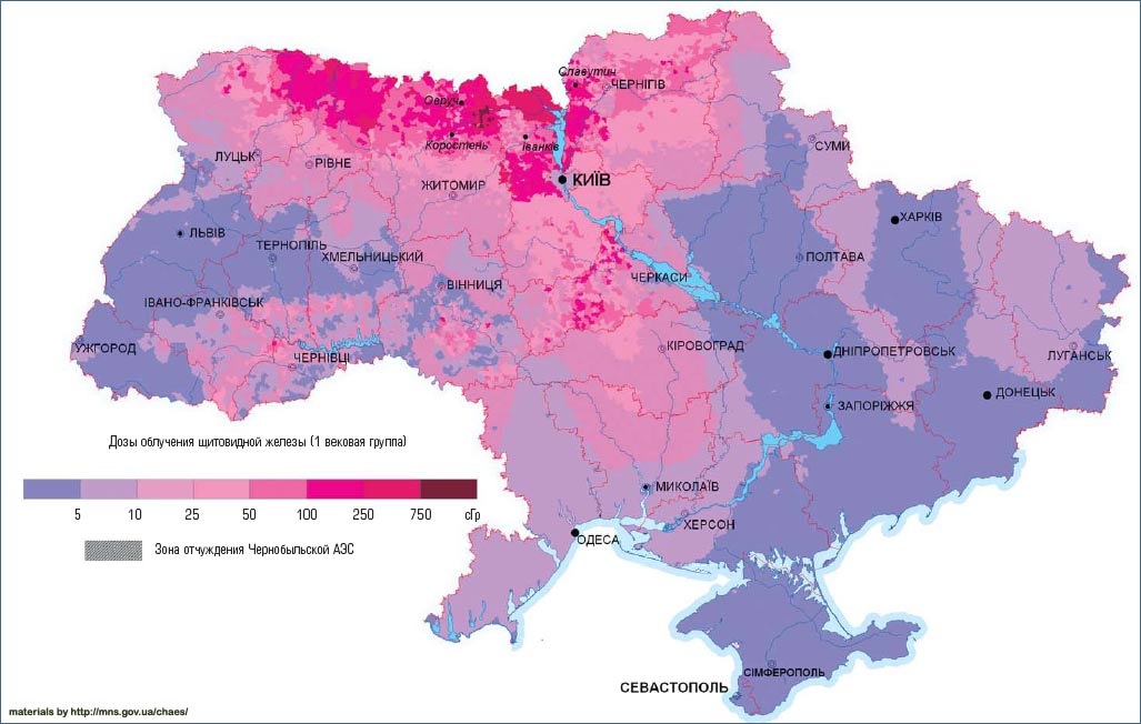 Карта ожидаемых доз облучения щитовидной железы населения Украины.